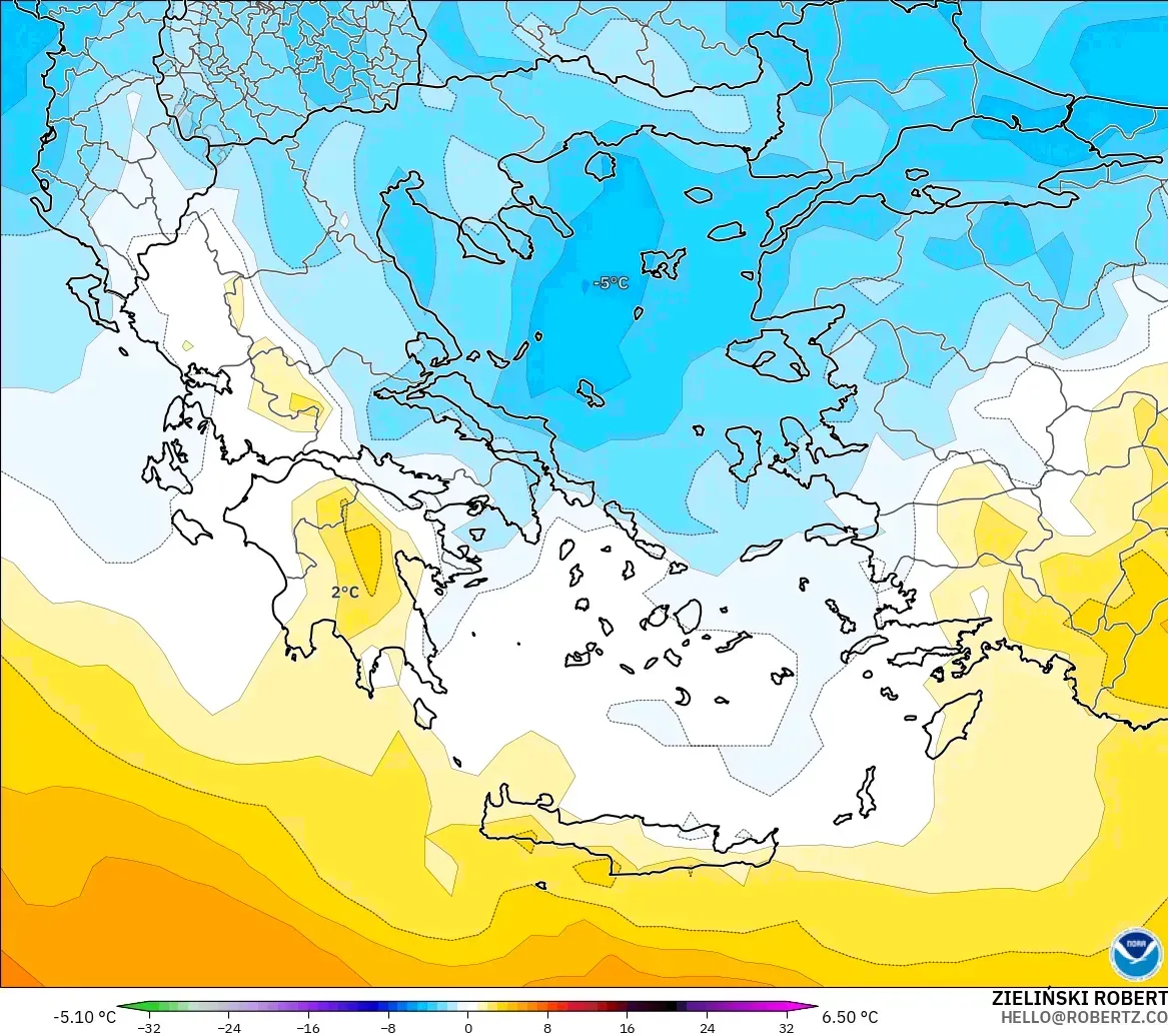 GFS modelo - Grecia, Anomalía de temperatura a 850 hPa