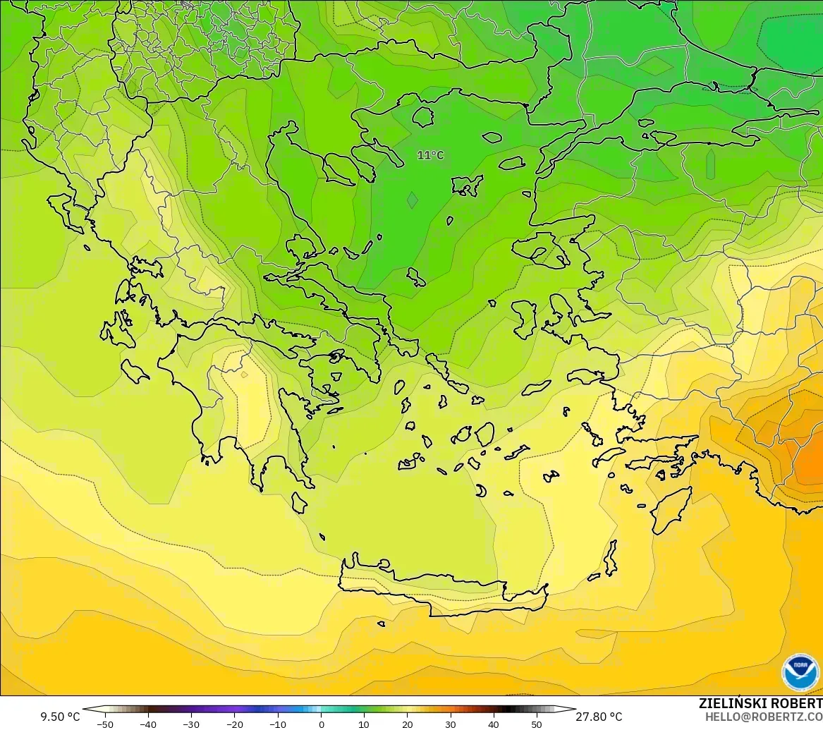 GFS modelo - Grecia, Temperatura a 850 hPa