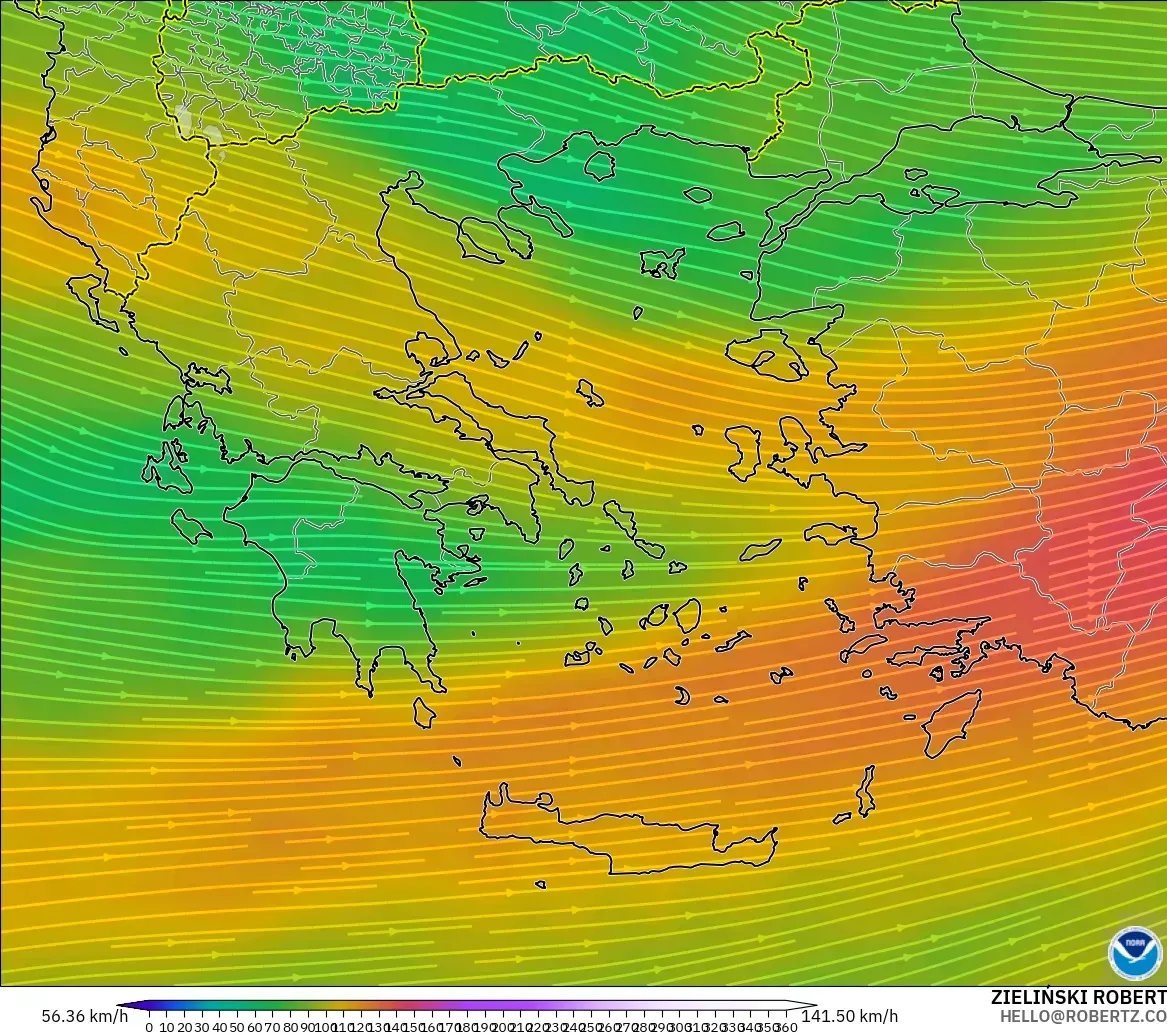 GFS modelo - Grecia, Viento a 300 hPa (corriente en chorro)