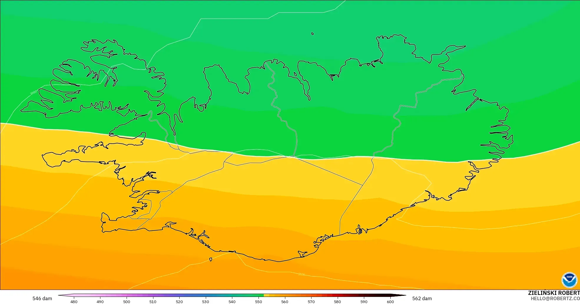 GFS modelo - Islandia, Altura geopotencial a 500 hPa