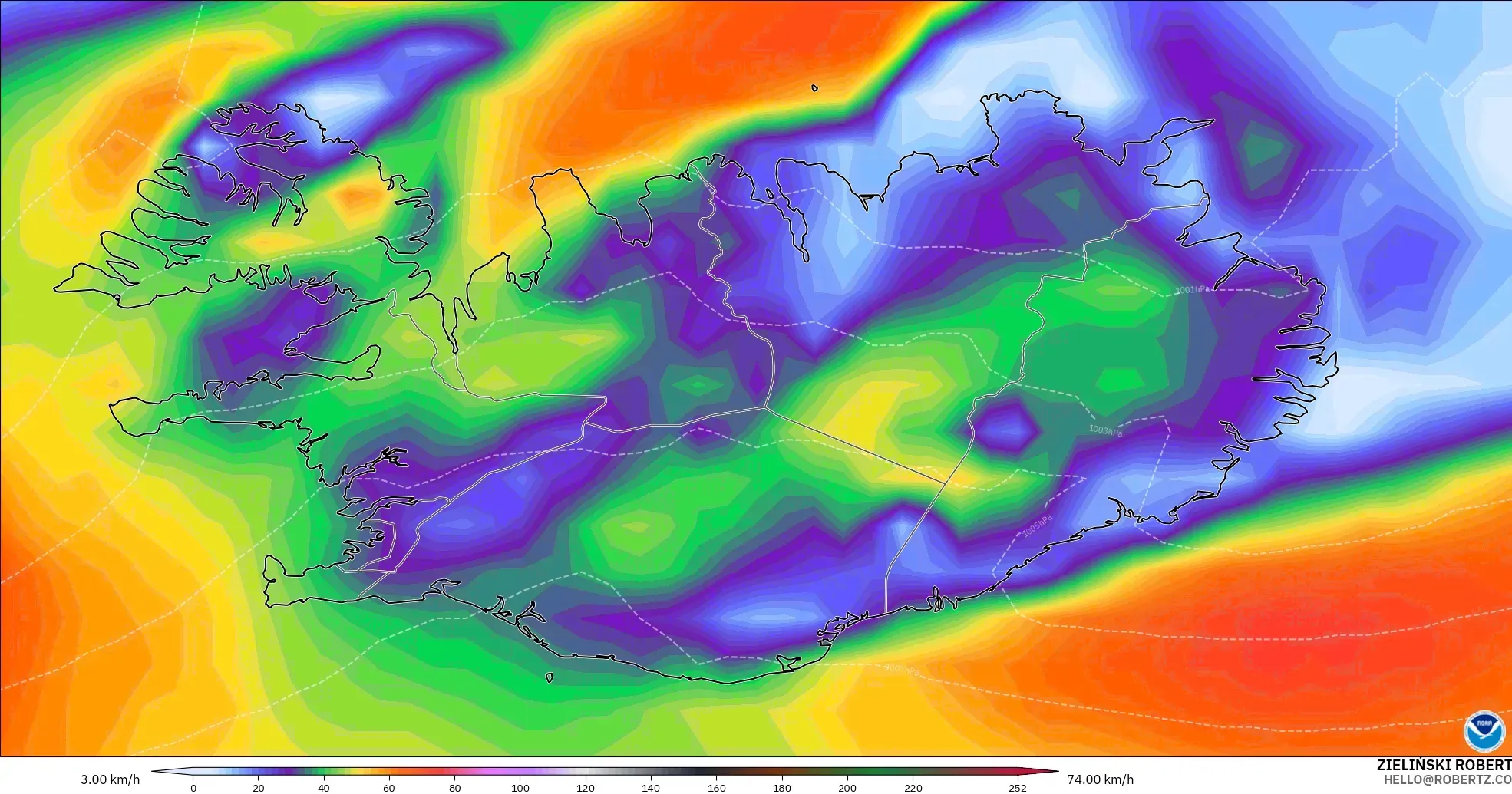 GFS modelo - Islandia, Ráfagas de Viento Máximas