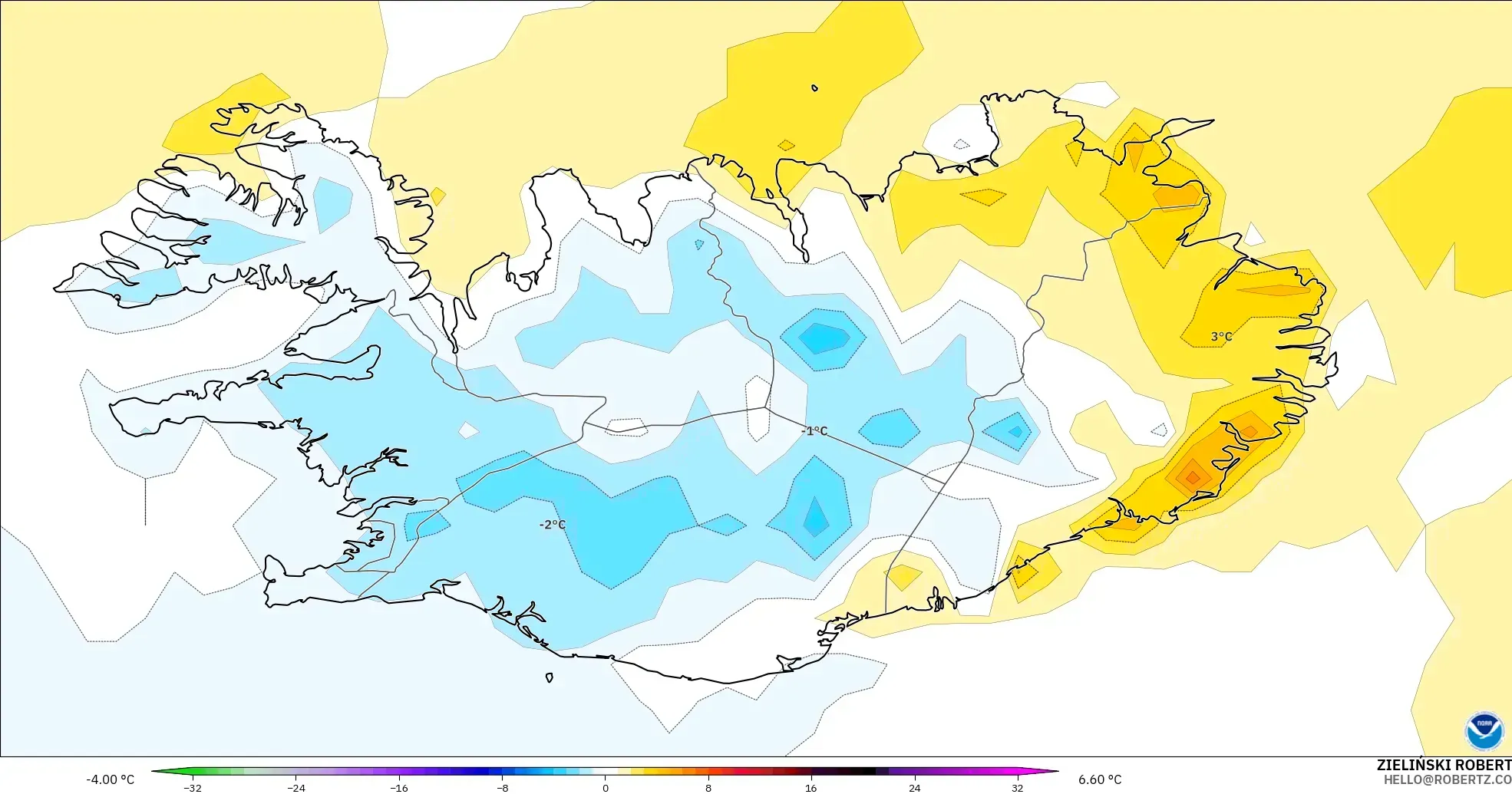 GFS modelo - Islandia, Anomalía de temperatura a 2 m