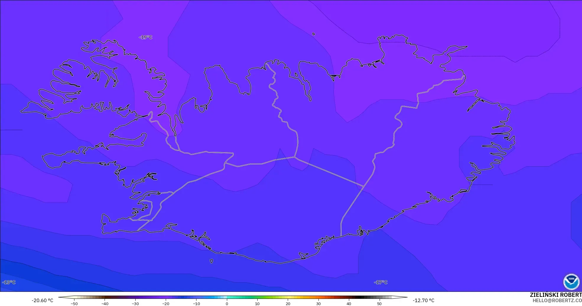 GFS modelo - Islandia, Temperatura a 500 hPa