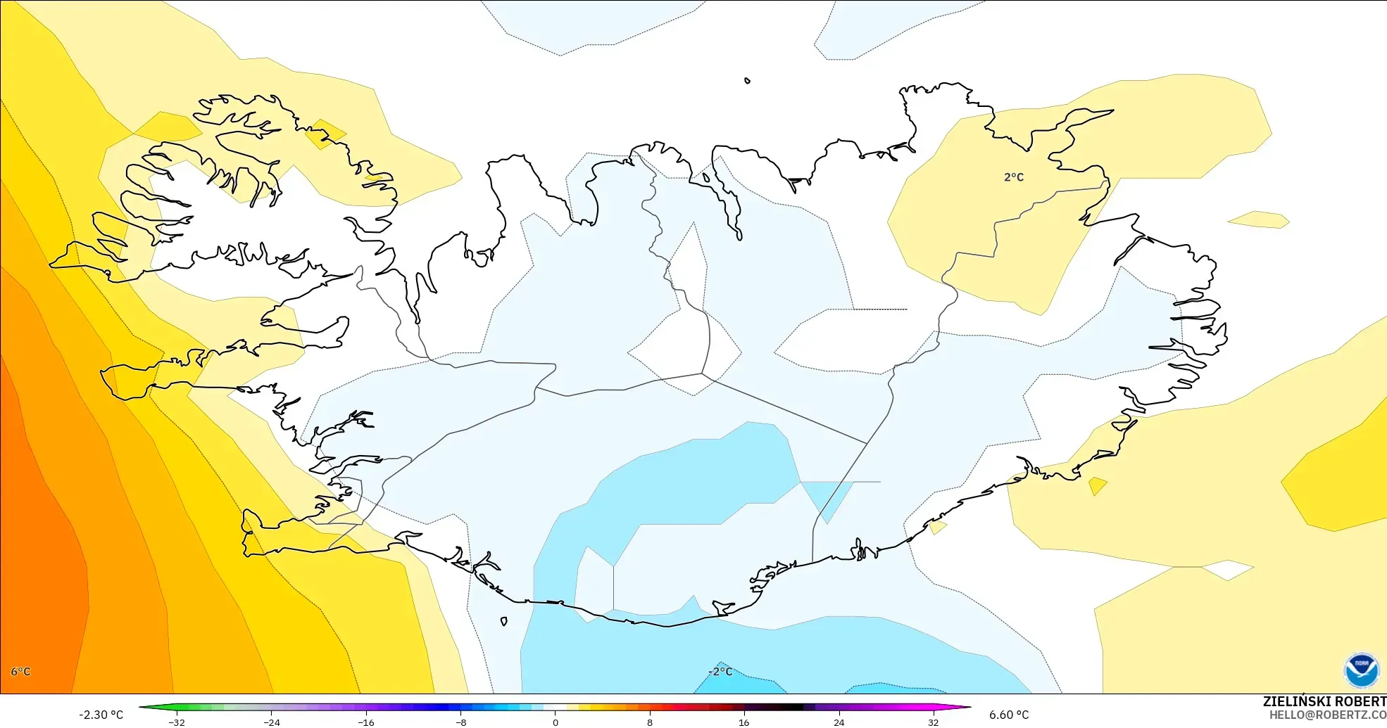 GFS modelo - Islandia, Anomalía de temperatura a 850 hPa