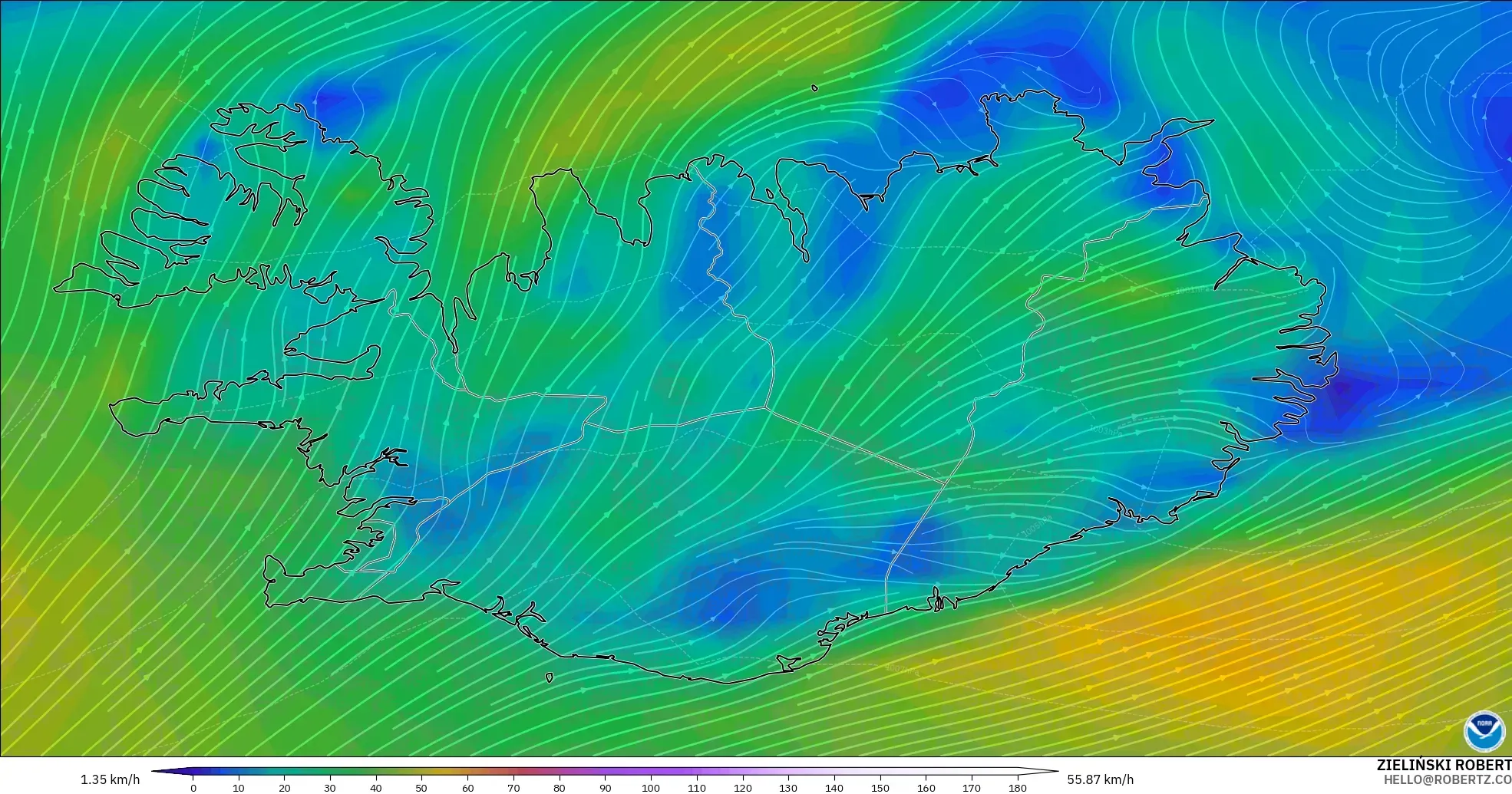 GFS modelo - Islandia, Viento a 10 m