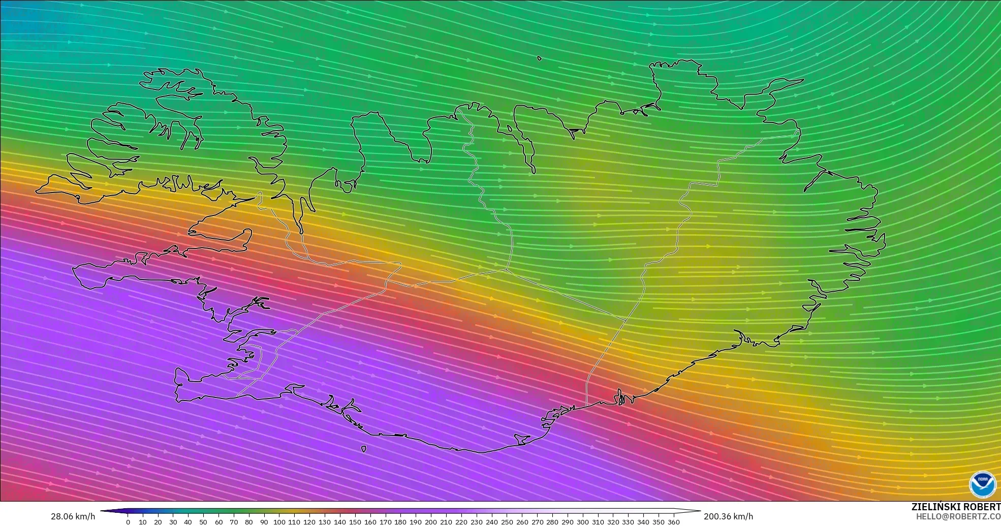 GFS modelo - Islandia, Viento a 300 hPa (corriente en chorro)