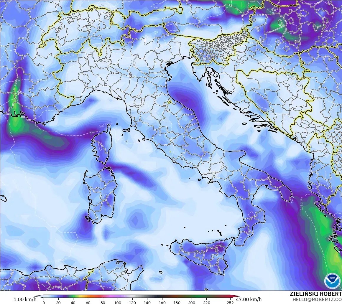 GFS modelo - Italia, Ráfagas de Viento Máximas