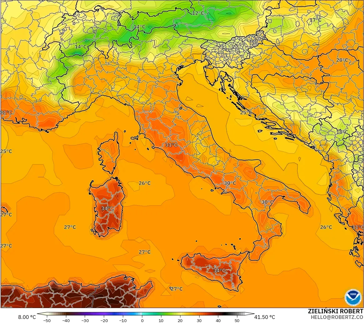 GFS modelo - Italia, Temperatura a 2 m