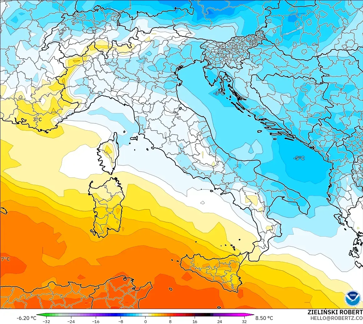 GFS modelo - Italia, Anomalía de temperatura a 850 hPa
