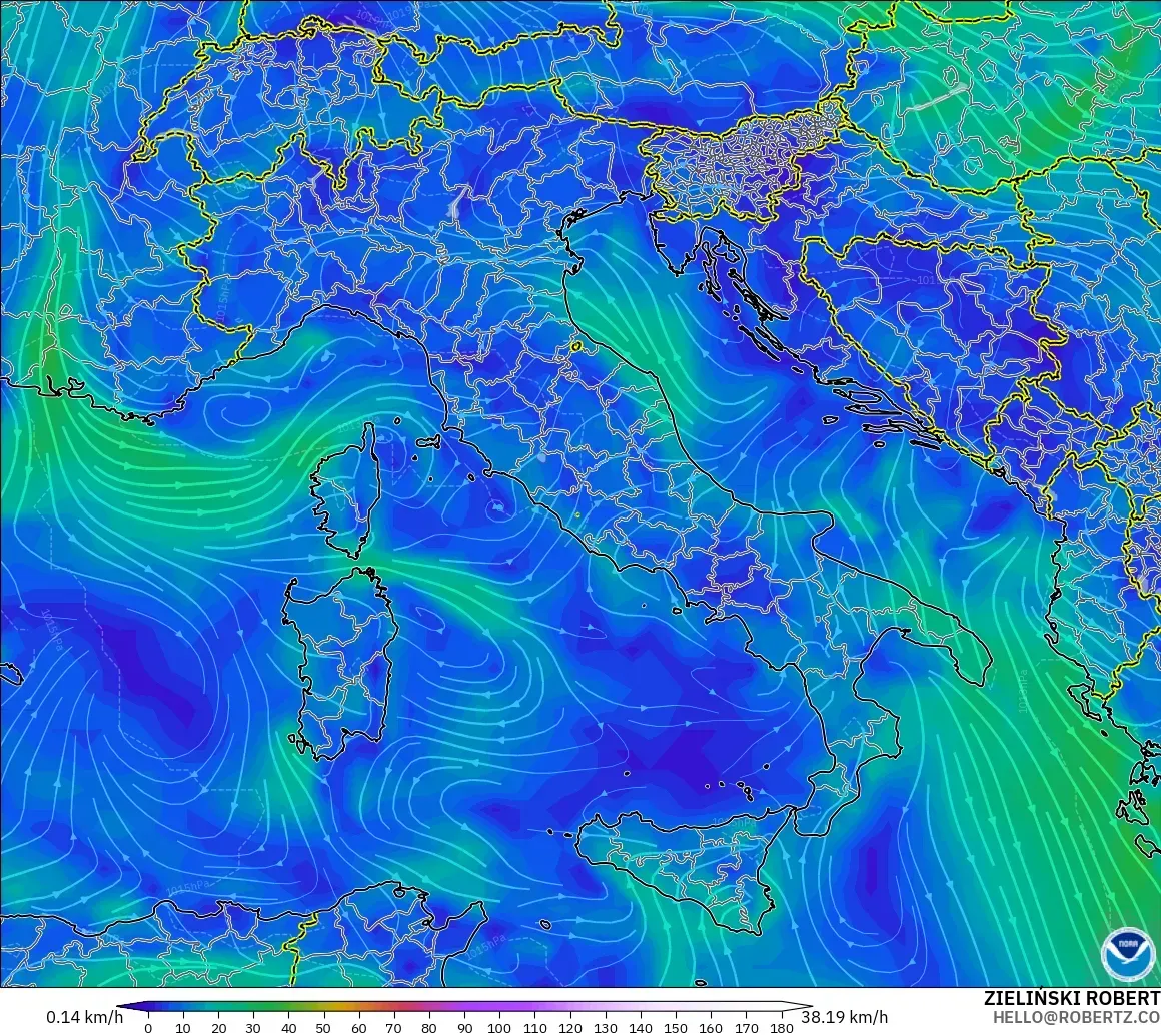 GFS modelo - Italia, Viento a 10 m