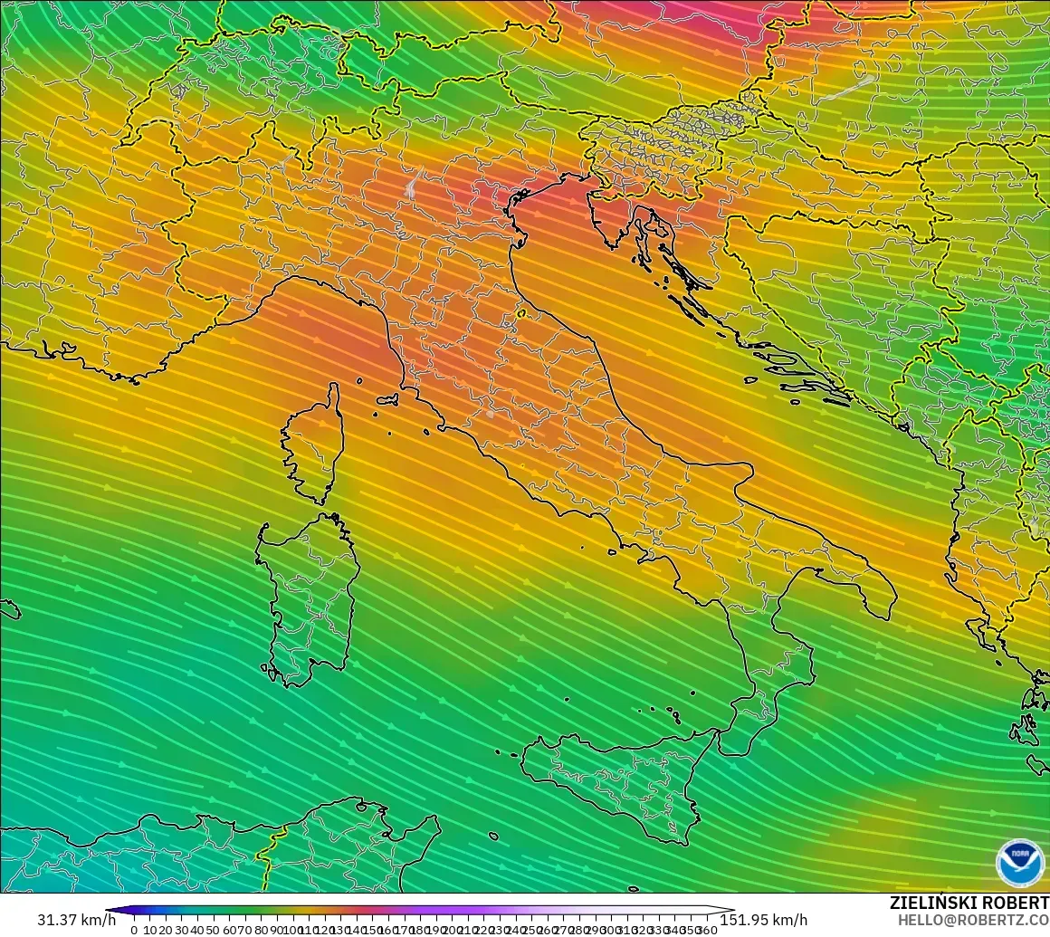 GFS modelo - Italia, Viento a 300 hPa (corriente en chorro)
