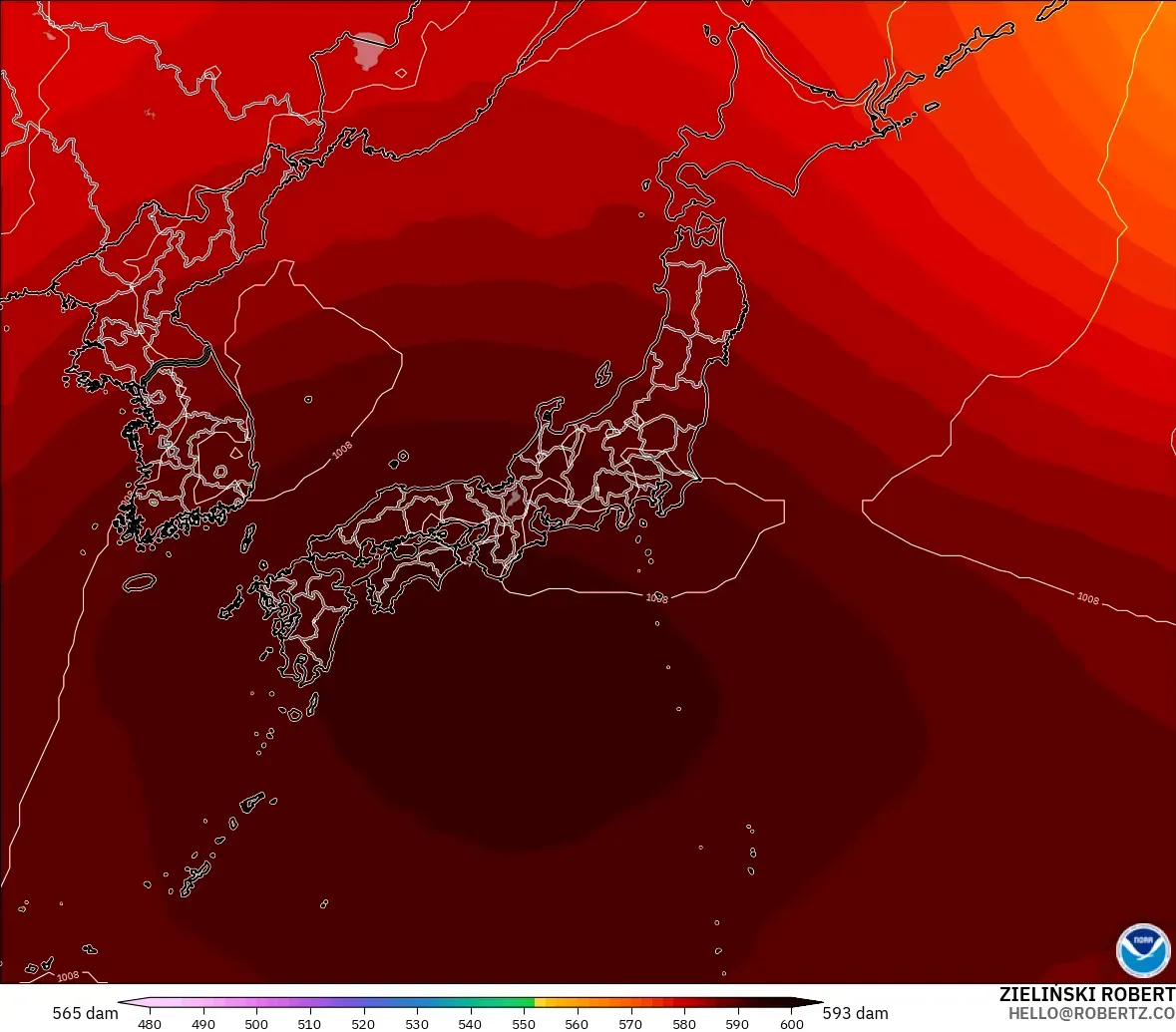GFS modelo - Japón, Altura geopotencial a 500 hPa