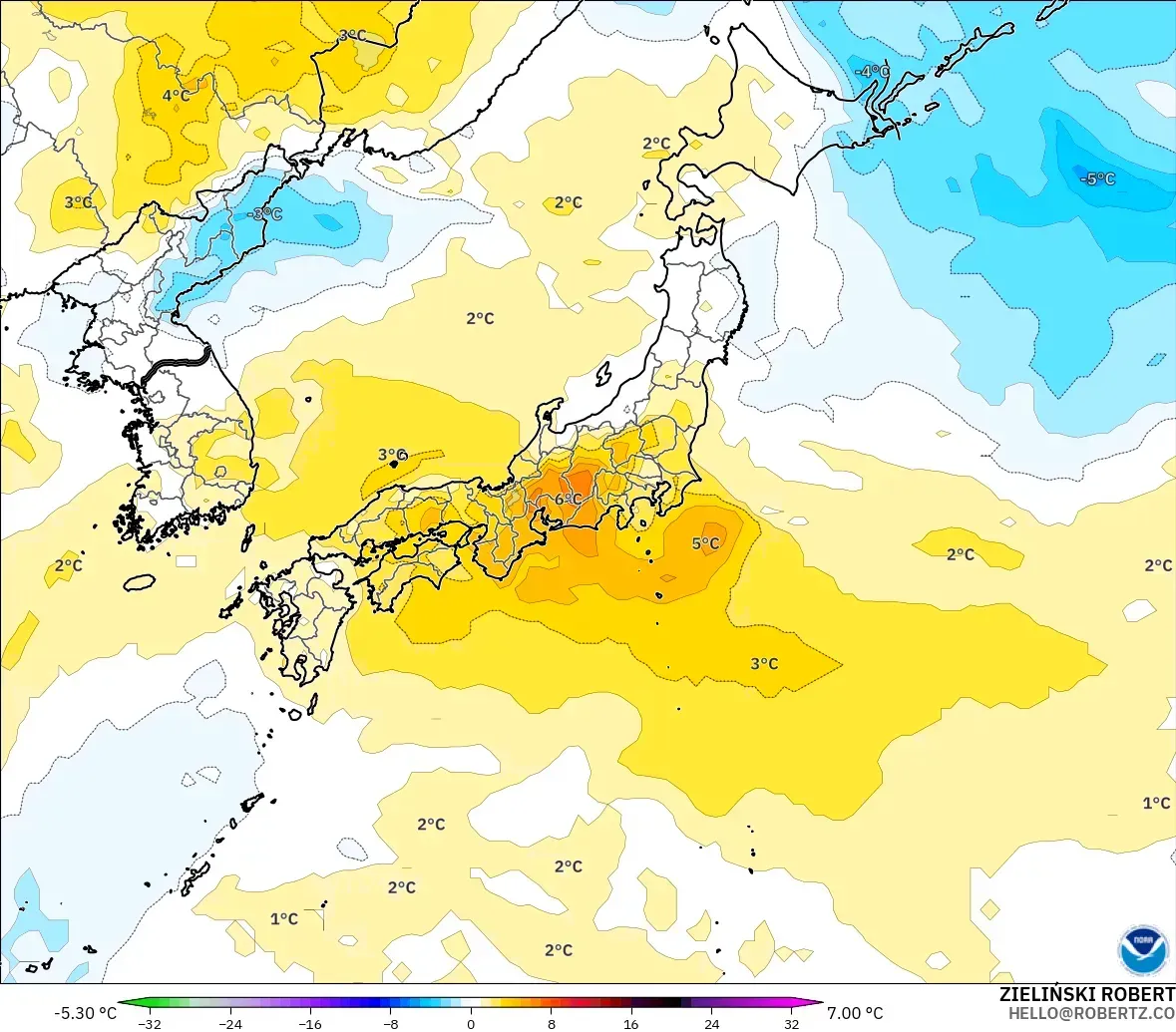 GFS modelo - Japón, Anomalía de temperatura a 850 hPa