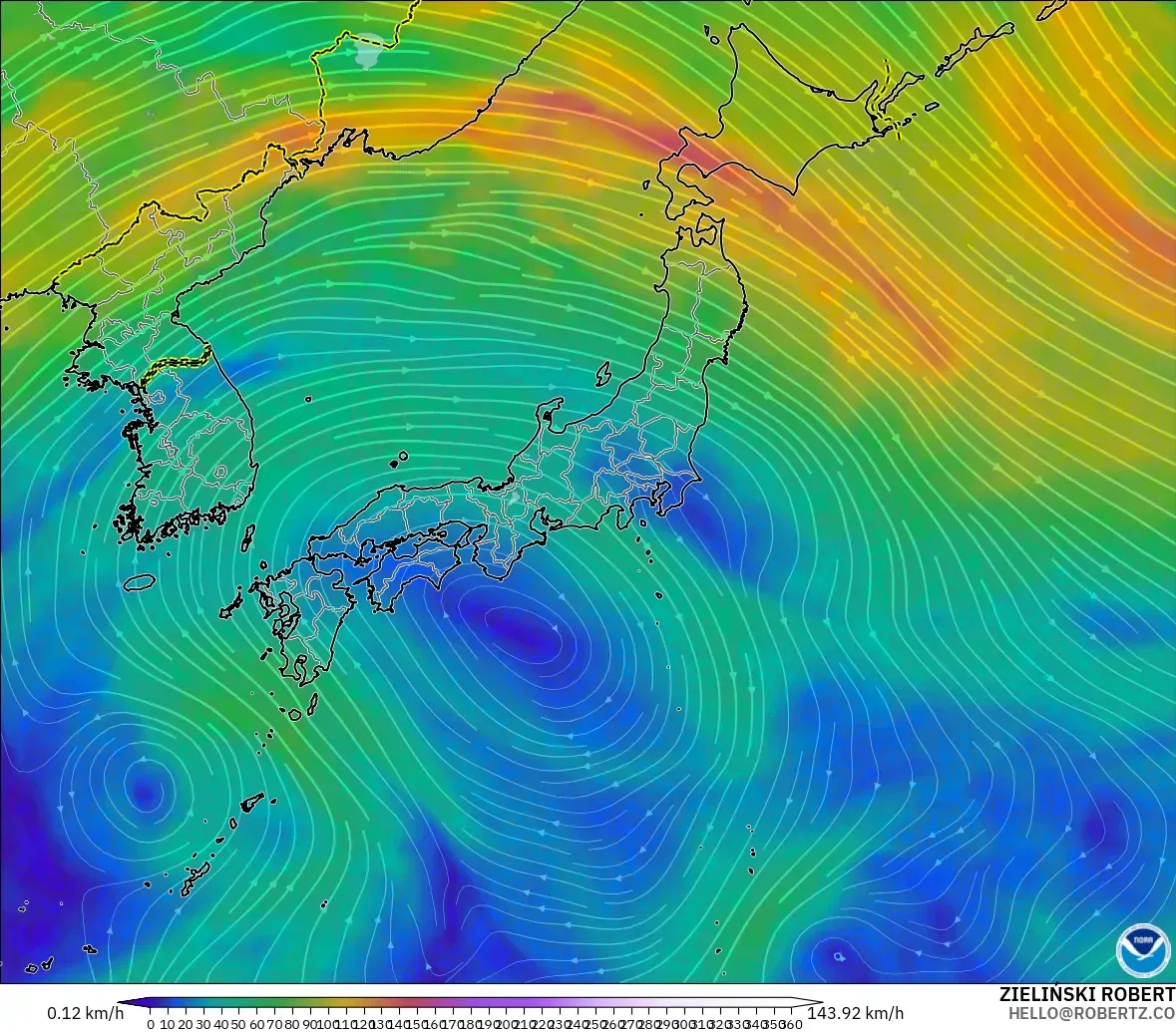 GFS modelo - Japón, Viento a 300 hPa (corriente en chorro)