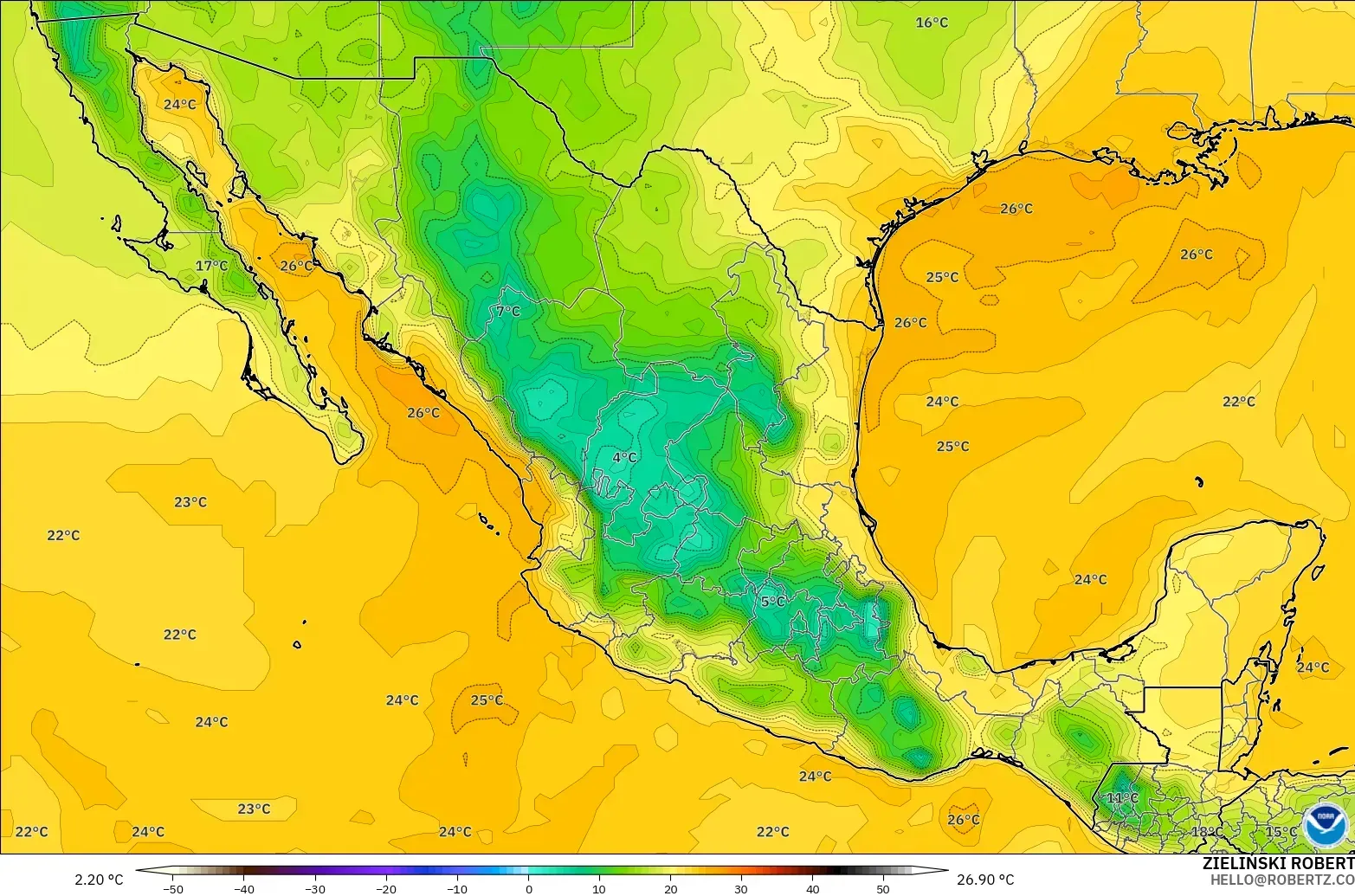 GFS modelo - México, Punto de rocío a 2 m