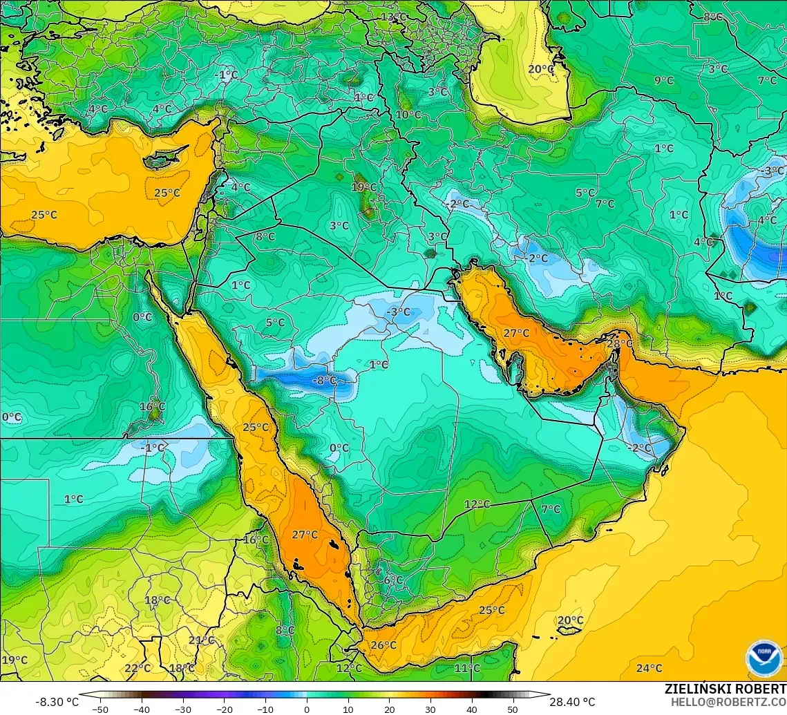 GFS modelo - Oriente Medio, Punto de rocío a 2 m