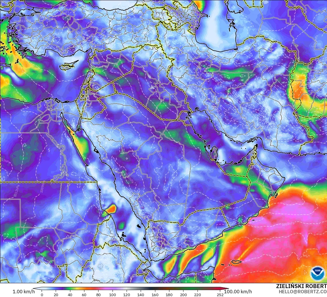 GFS modelo - Oriente Medio, Ráfagas de viento