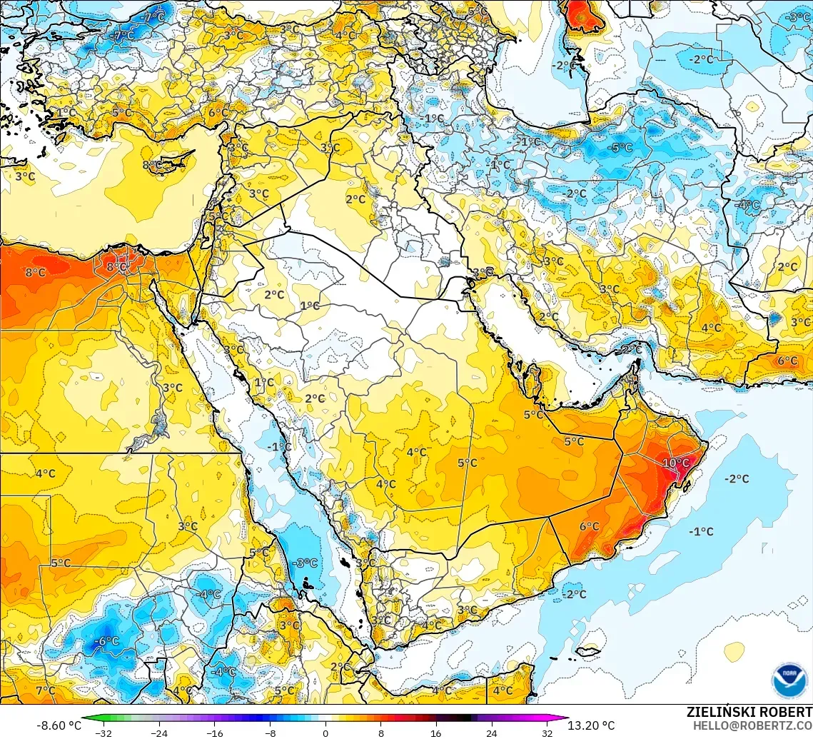 GFS modelo - Oriente Medio, Anomalía de temperatura a 2 m