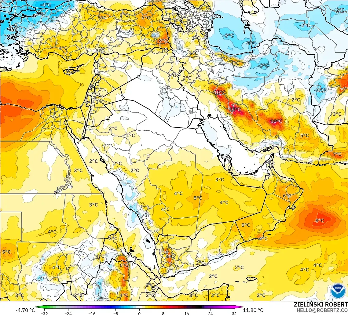 GFS modelo - Oriente Medio, Anomalía de temperatura a 850 hPa