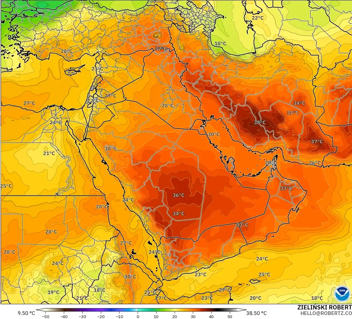 GFS modelo - Oriente Medio, Temperatura a 850 hPa