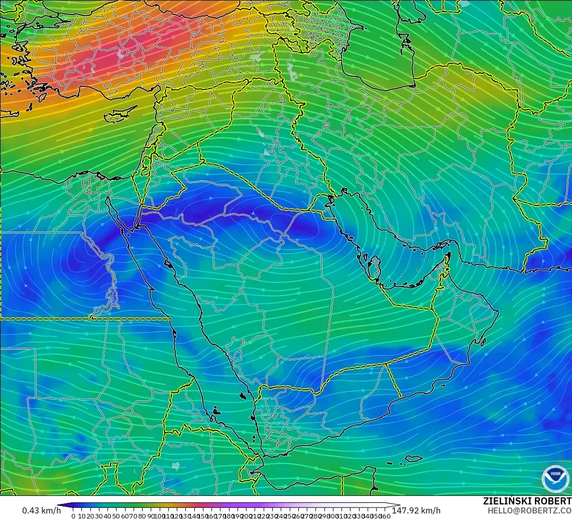 GFS modelo - Oriente Medio, Viento a 300 hPa (corriente en chorro)