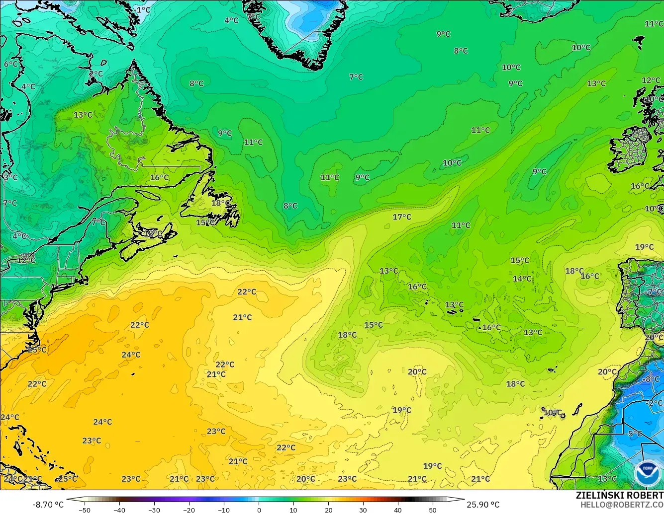 GFS modelo - Norte Atlántico, Punto de rocío a 2 m