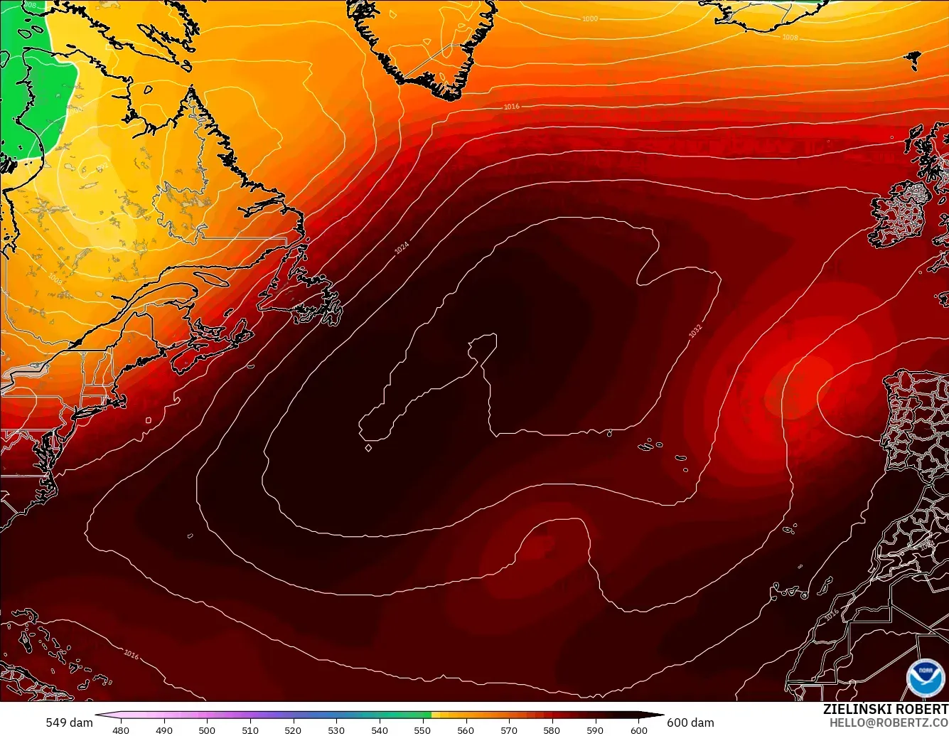 GFS modelo - Norte Atlántico, Altura geopotencial a 500 hPa