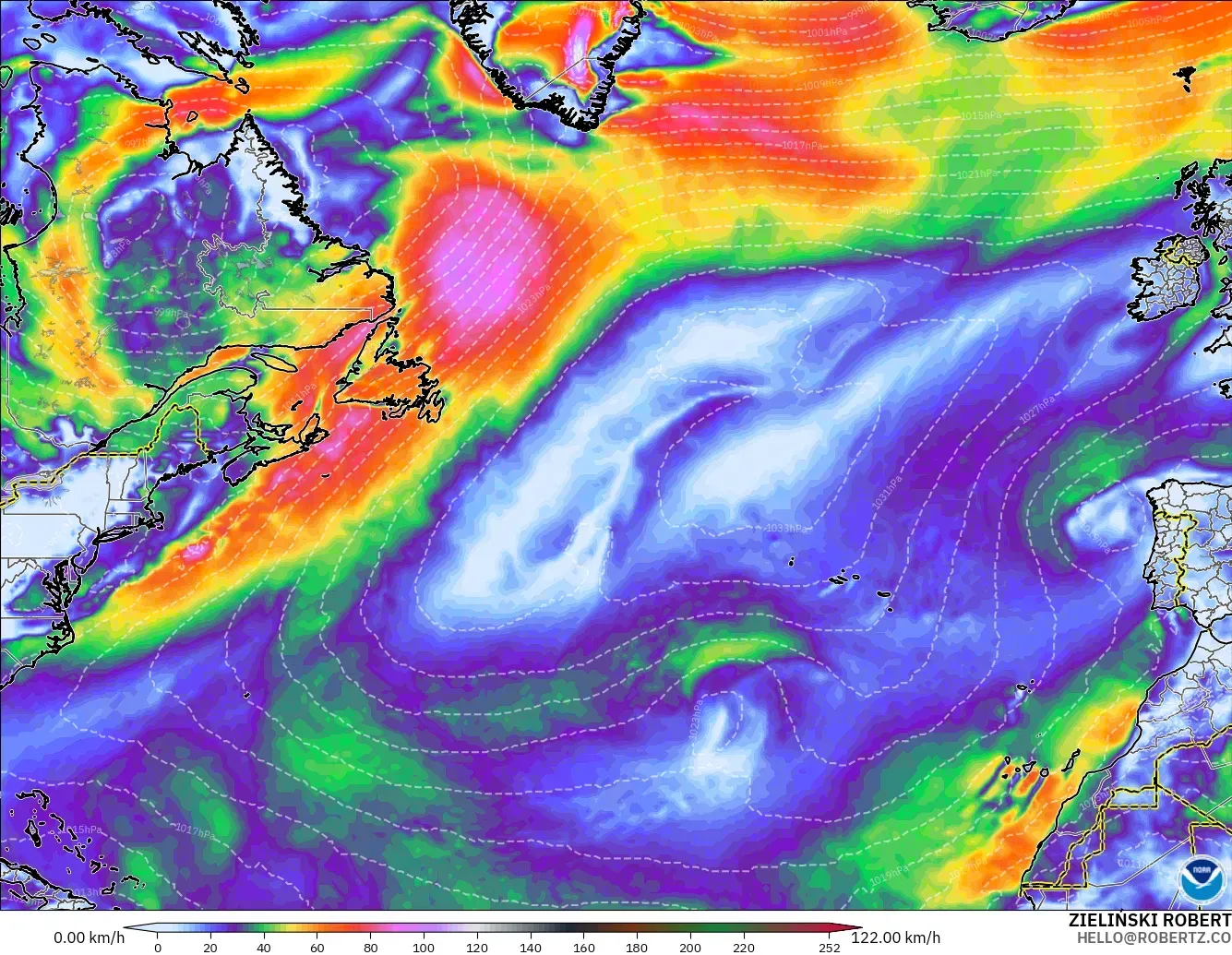 GFS modelo - Norte Atlántico, Ráfagas de viento