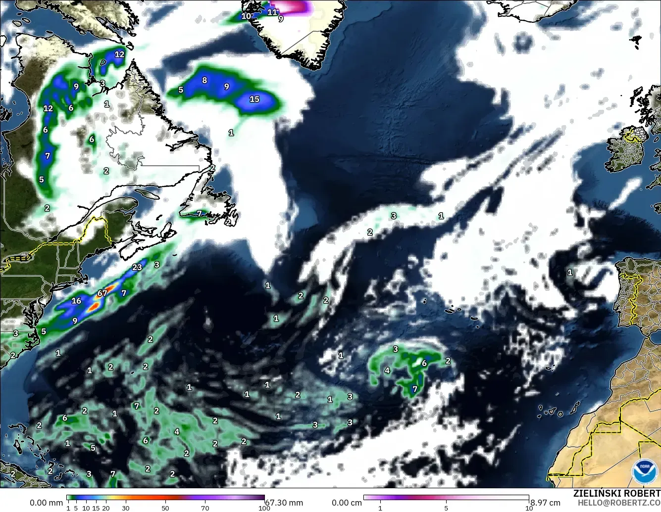 GFS modelo - Norte Atlántico, Precipitación, nubes y presión