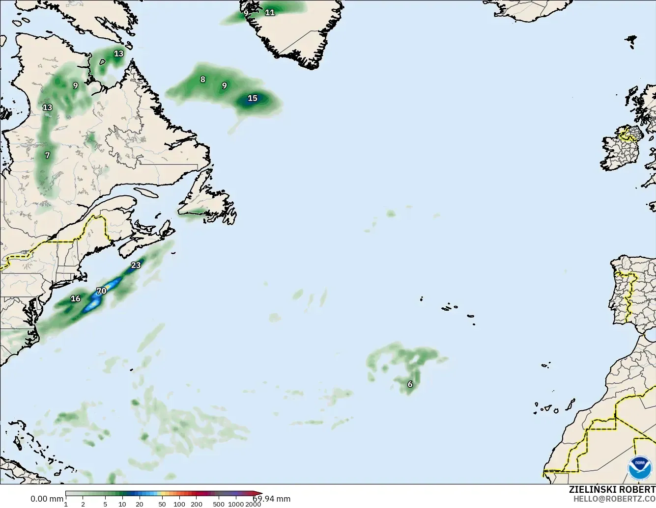 GFS modelo - Norte Atlántico, Acumulación de precipitación