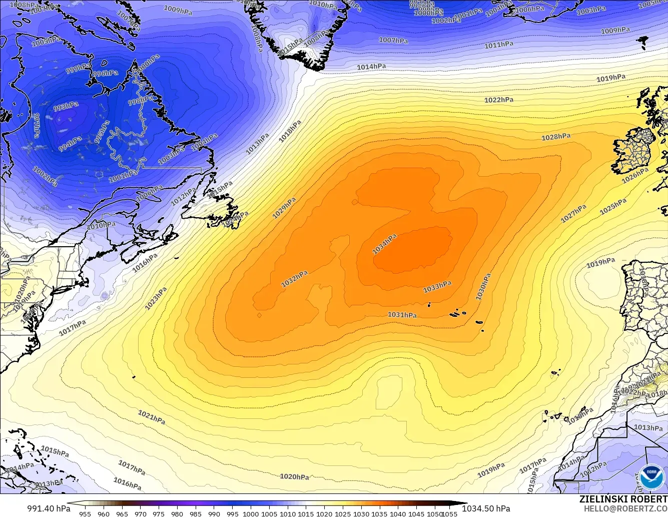GFS modelo - Norte Atlántico, Presión