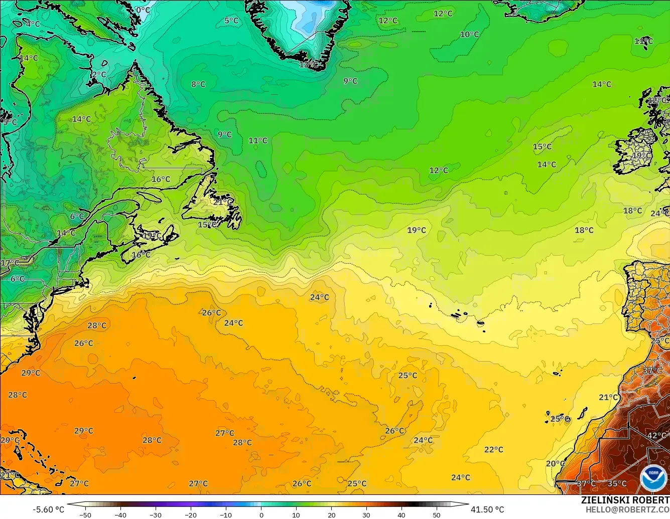GFS modelo - Norte Atlántico, Temperatura a 2 m