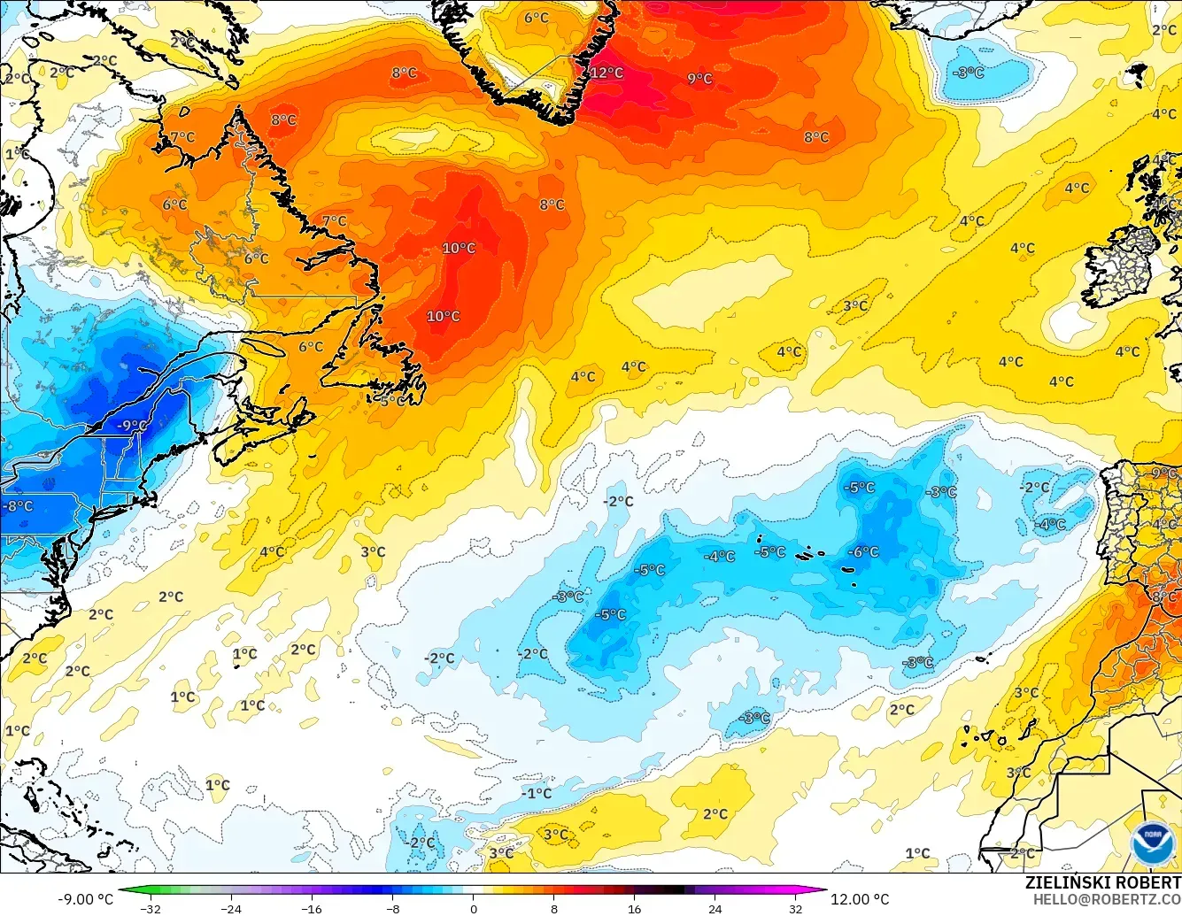GFS modelo - Norte Atlántico, Anomalía de temperatura a 850 hPa