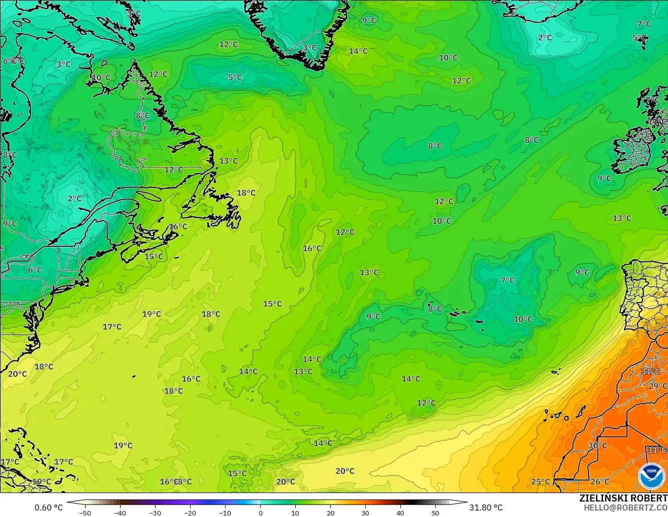 GFS modelo - Norte Atlántico, Temperatura a 850 hPa