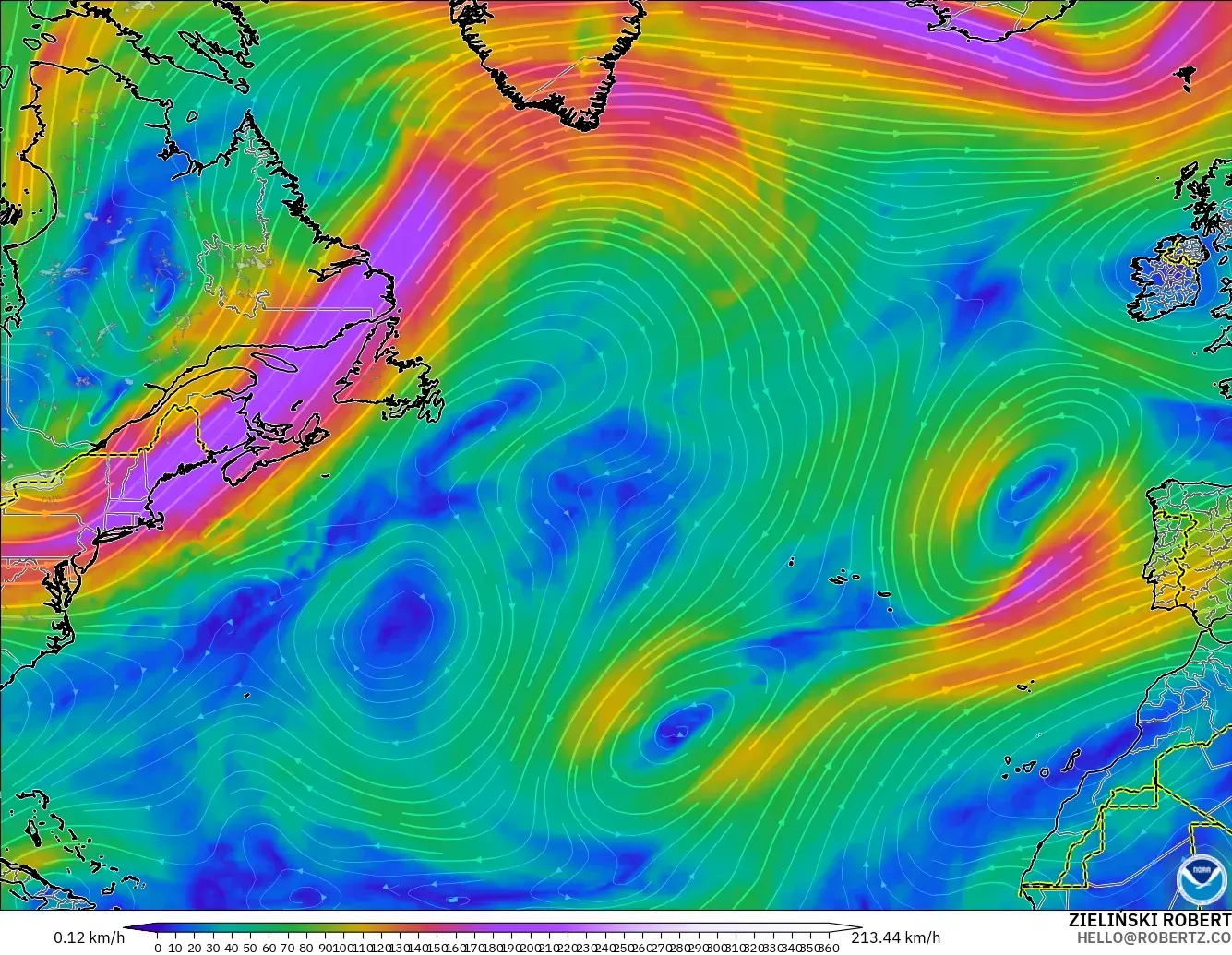 GFS modelo - Norte Atlántico, Viento a 300 hPa (corriente en chorro)