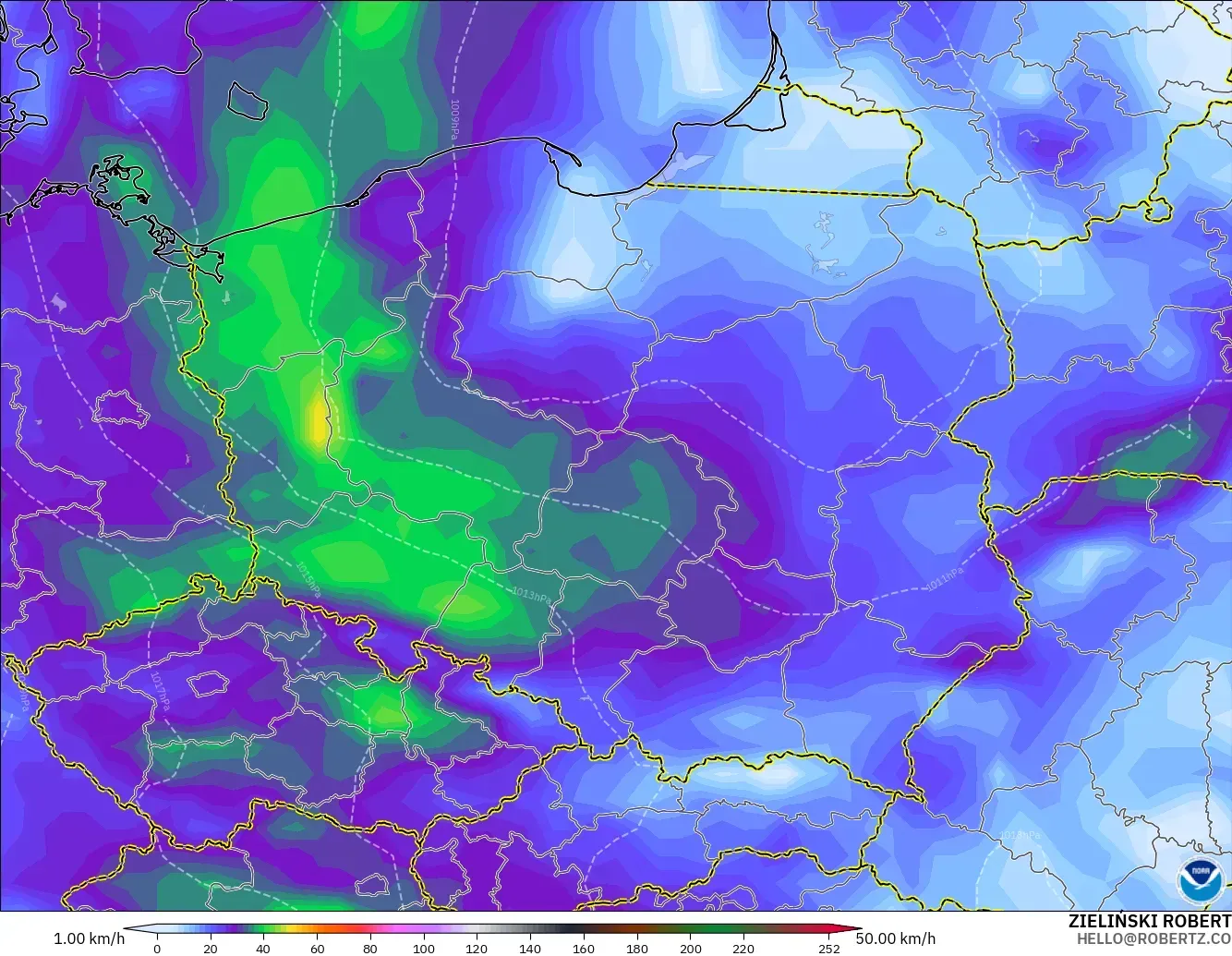 GFS modelo - Polonia, Ráfagas de Viento Máximas