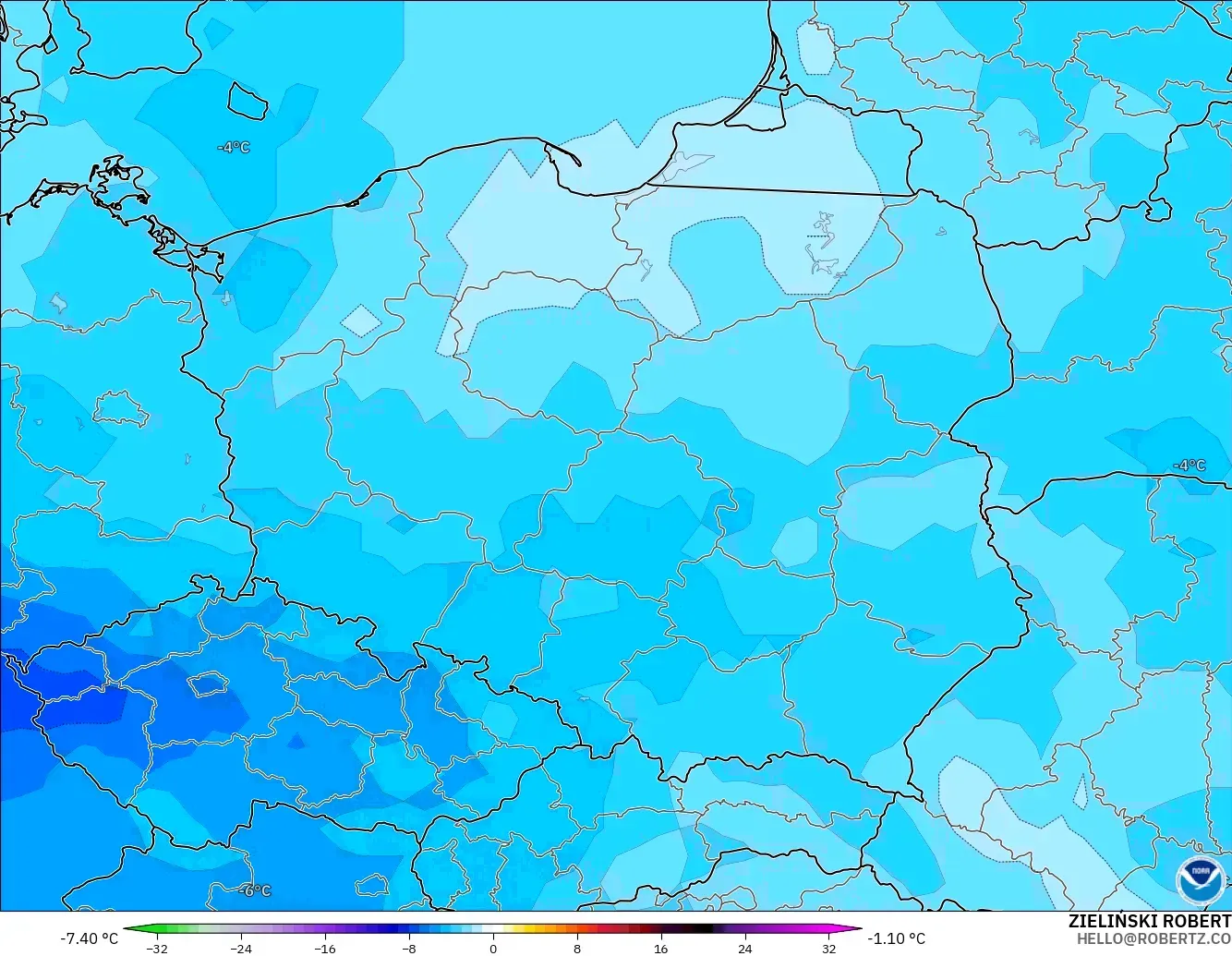GFS modelo - Polonia, Anomalía de temperatura a 850 hPa