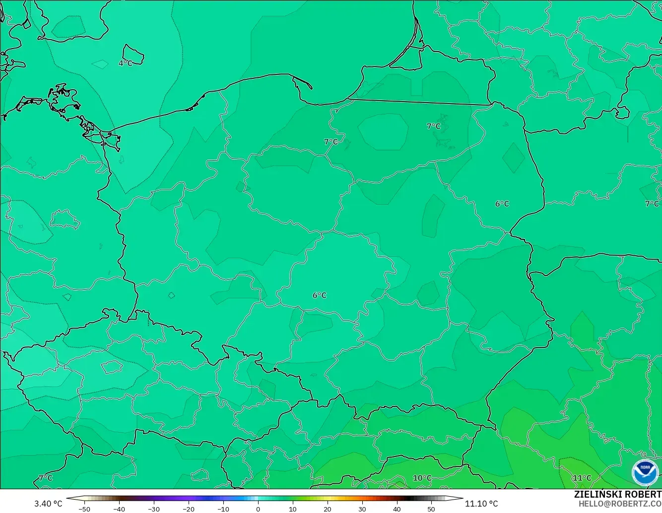 GFS modelo - Polonia, Temperatura a 850 hPa