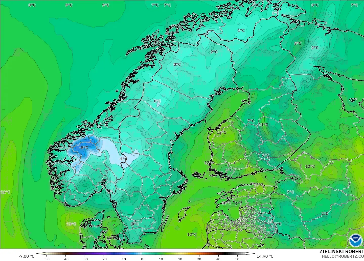 GFS modelo - Escandinavia, Punto de rocío a 2 m