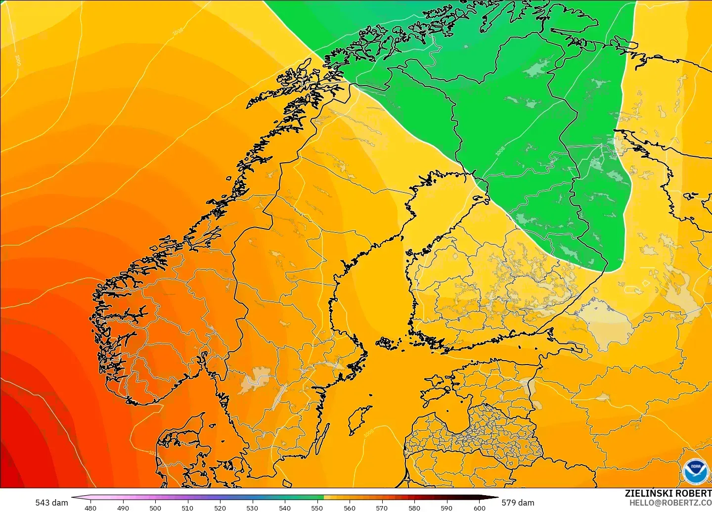 GFS modelo - Escandinavia, Altura geopotencial a 500 hPa