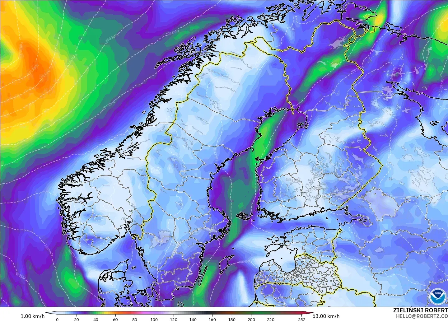 GFS modelo - Escandinavia, Ráfagas de viento