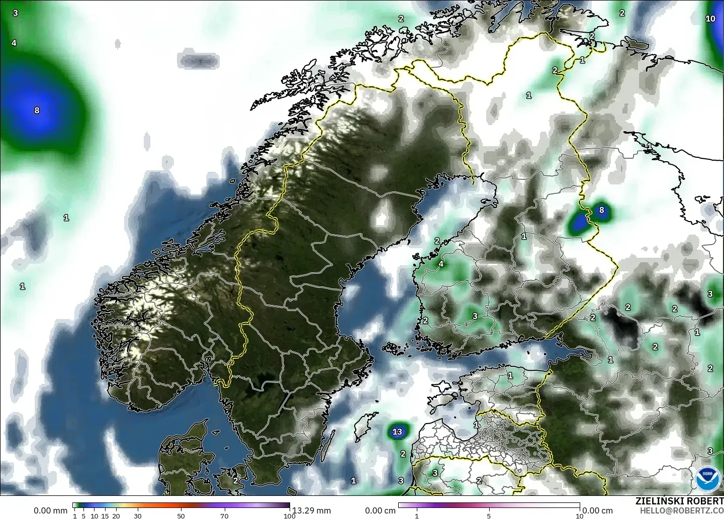 GFS modelo - Escandinavia, Precipitación, nubes y presión