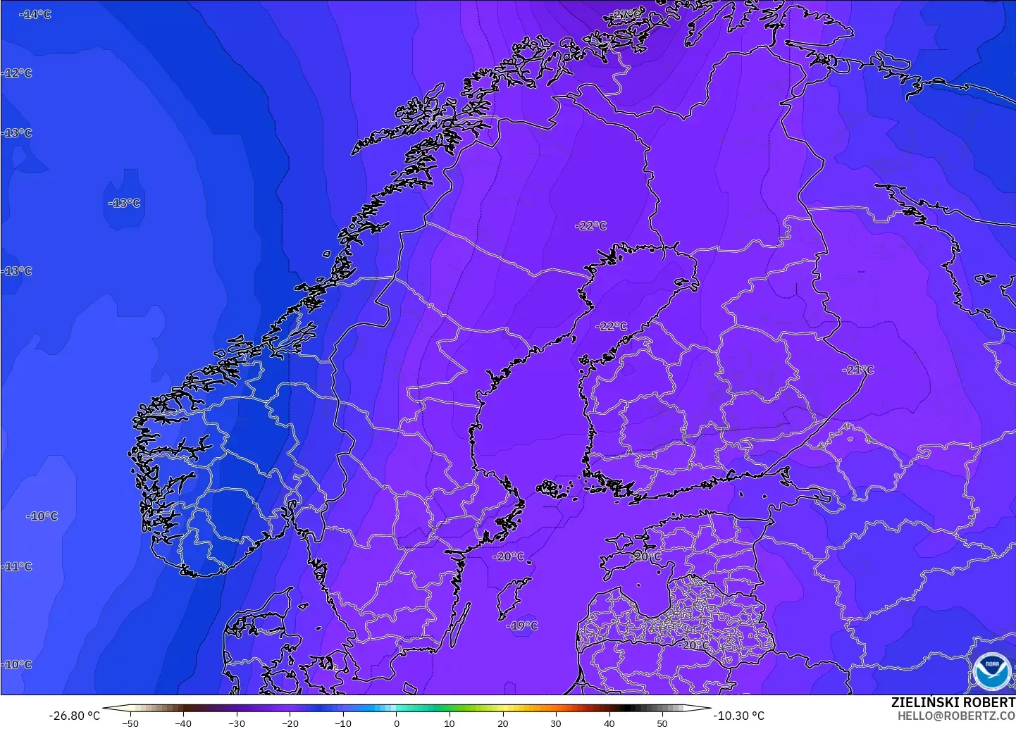 GFS modelo - Escandinavia, Temperatura a 500 hPa