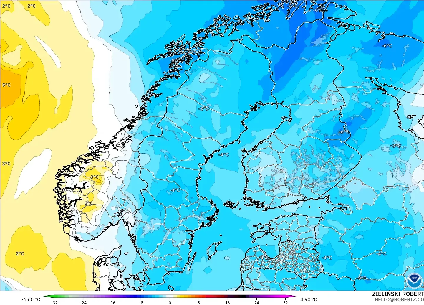 GFS modelo - Escandinavia, Anomalía de temperatura a 850 hPa
