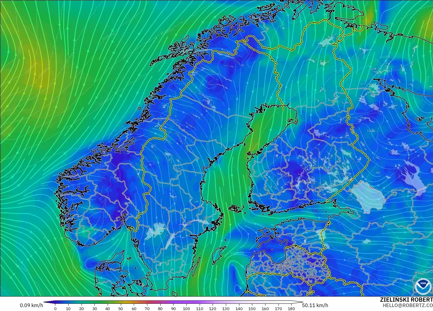GFS modelo - Escandinavia, Viento a 10 m