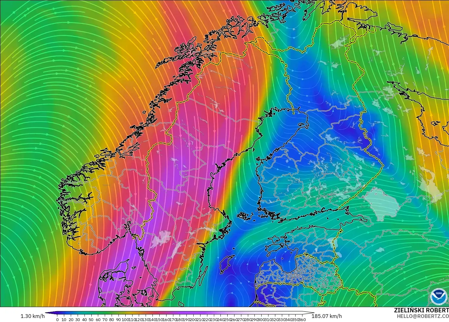 GFS modelo - Escandinavia, Viento a 300 hPa (corriente en chorro)