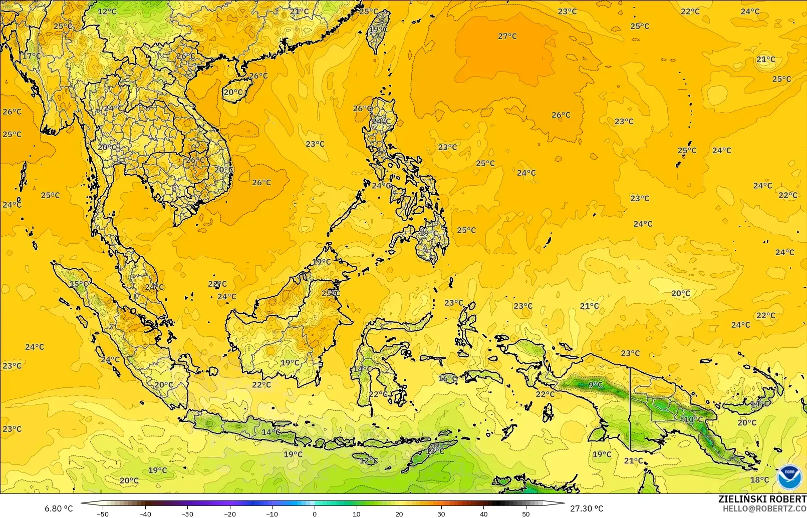 GFS modelo - Sudeste Asiático, Punto de rocío a 2 m