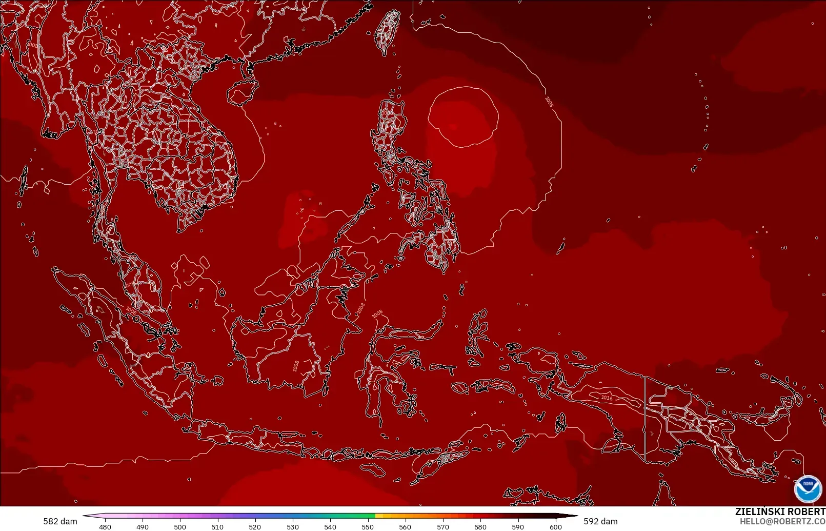 GFS modelo - Sudeste Asiático, Altura geopotencial a 500 hPa