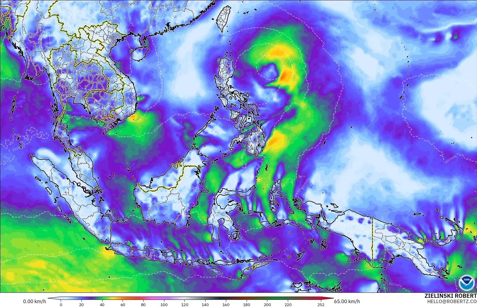 GFS modelo - Sudeste Asiático, Ráfagas de Viento Máximas