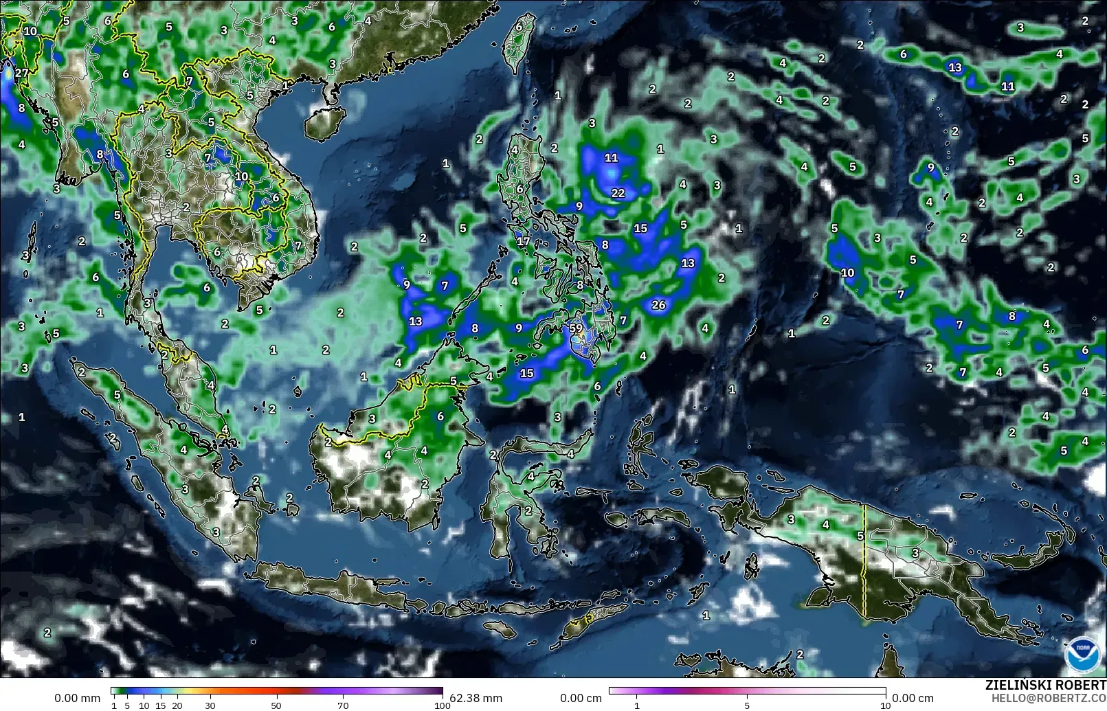 GFS modelo - Sudeste Asiático, Precipitación, nubes y presión